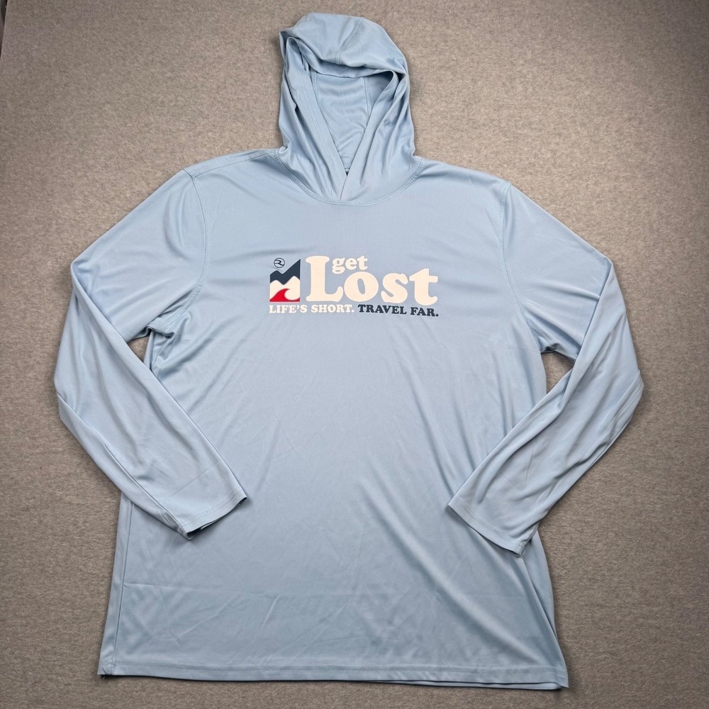 Reel Life Get Lost Life's Short Travel Far Fishing Hoodie Men XXL Blue Polyester